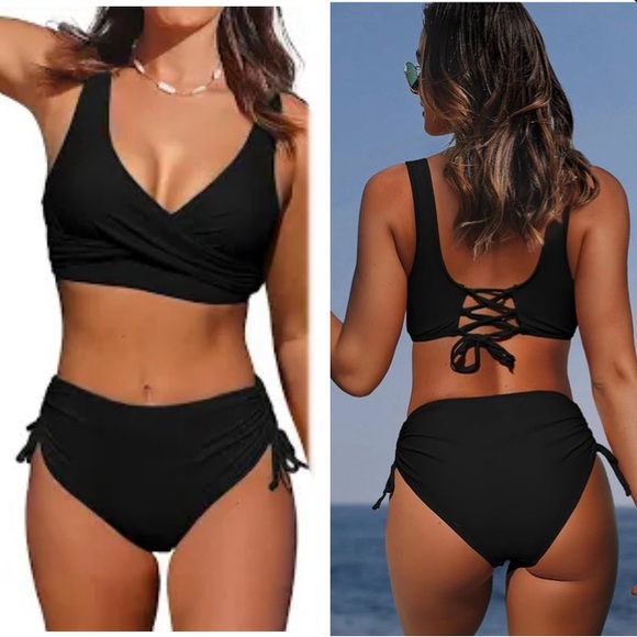 New Women's High Waisted Bikini Twist Front Tie Back 2 Piece Swimsuits - Picture 1 of 12